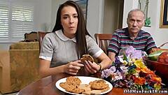 feeling intense passion while young brunette rides old wood in solo fingering orgasm.