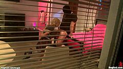 masked men bang a bound blonde student roughly with choking and deepthroat action in group bdsm