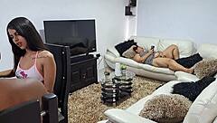 Curvy Colombian babe touches her pussy and fingers it deep while friend does homework