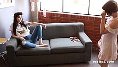 shy tattooed girl dives into first time lesbian licking with friend guiding pussy cunilingus