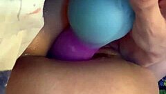 Kinky anal fuck with knotted colorful dildo