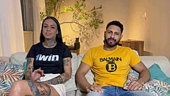 muscular tattooed bodybuilder gets first time blowjob and big cock foreplay on sofa in homemade pov