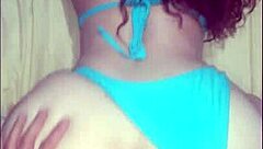 Big ass latina housewife bent over in tiny blue bikini for doggystyle fucking