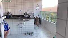 Hired maid teases with tight shorts