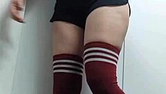 cheeky change room try on with topless thigh high socks