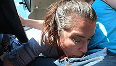 Wife boldly swallows jizz from lucky uber driver in outdoor blowjob session