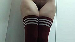 cheeky change room try on with topless thigh high socks