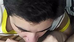 she gives a quick blowjob, licks cum from fingers in this romantic couple's high-definition handjob bonus