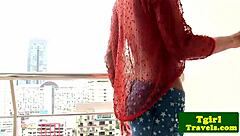 petite asian transsexual mj fingers her butthole outdoors on balcony in solo session