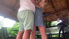 Damn, hot blonde gets upskirt pounded outdoors with creampie finish!