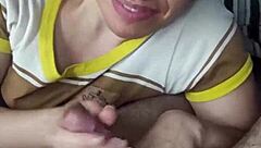 she gives a quick blowjob, licks cum from fingers in this romantic couple's high-definition handjob bonus