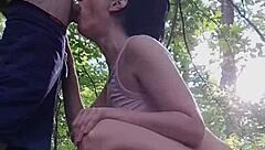 amused by honking while she sucks his huge cock in forest for mouthful cumshot