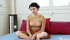 Curvy woman fingers wet hairy pussy with toys for squirting orgasm