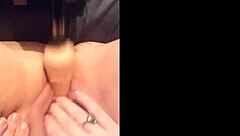 Horny housewife fingering pussy with dildo licks cumshot from big cock