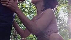 amused by honking while she sucks his huge cock in forest for mouthful cumshot