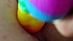 Brunette Amateur Chubby Girl Using Rainbow Dildo for Anal Creampie with Gaping Assfucking