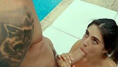 Horny tru kait strips and fucks hard with big cock outdoors by the pool in wet rough action