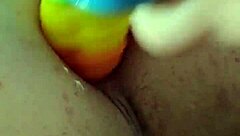 Brunette Amateur Chubby Girl Using Rainbow Dildo for Anal Creampie with Gaping Assfucking