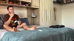 Gamer just wanted to play but the smoking brazilian milf in short skirt craved intense anal and blowjob fun