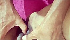 Hidden cousin watches goth Latina housewife masturbate in fishnets, then joins for bisexual swinger fun.