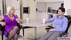 alura gives blowjob to office mate with big cock before fucking him hard in office hardcore