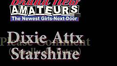 Petite horny coeds Dixie and Starshine suck each other's tits passionately. They enjoy a cock with deepthroat and cum swallowing.