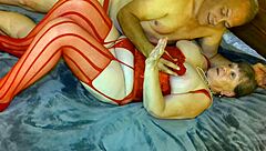 Granny carmens lady in red blacked dildo fuck & cum