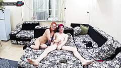 cute redhead and bisex guy tease with big anal toy