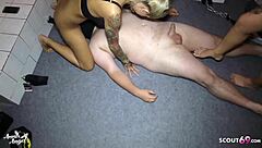 Two young German teens give CFNM handjob to fat old man