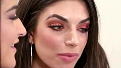 Hot brunettes on Love2lick.com watch porn then intriguingly lick each other's shaved pussies in 69