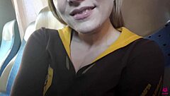 cute blonde sucks and swallows cum on public bus