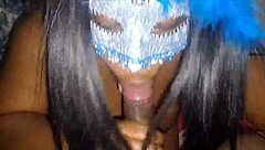 masked ebony deepthroats big cock swallows hot cum load