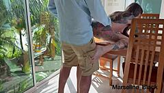 juicy tanned brunette deepthroats rough face fuck on desk to squirting cum mouthful