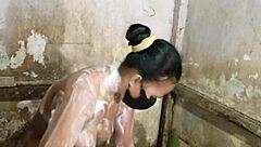 Housewife masturbates hairy pussy in bathroom solo