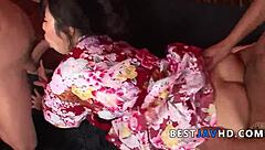 sexy japanese beauty chiharu strips her kimono for intense oral and creampie pounding