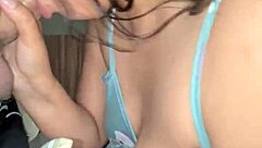 pregnant latina wife sucks stepbro cock and takes cum on lactating tits closeup