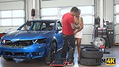 sexy short-haired beauty tongues car mechanic's anus