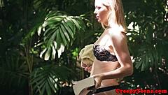 bondage teen roughly fucked outdoors doggystyle by dominating stalker