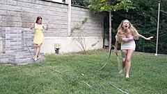 A Daring Gardener Joins Cute Redhead Teens For Outdoor Group Pussy Lick Ride