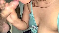 pregnant latina wife sucks stepbro cock and takes cum on lactating tits closeup