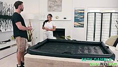 Big Ass Brunette Masseuse Slathers Nuru Gel on Huge Tits