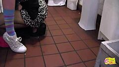 Lesbian babe fingers hairy pussy to toilet orgasm bliss!