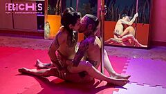 tattooed hottie dances seductively on pole for horny guy