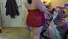 Curvy BBW brunette strips lingerie teases huge natural tits dancing