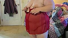 Curvy BBW brunette strips lingerie teases huge natural tits dancing
