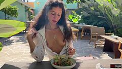 Cum Covered Face Lunch in Public Cafe Cumwalk