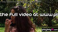 big boobed latina megan blake strips naked in serene garden outdoors