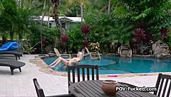 Sexy Neighbor Gets Poolside Punishment for Sneaking