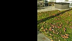 Mature milf milks outdoor cock with handjob then swallows cum