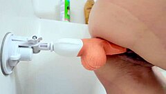 Wife caught showering with big dildo closeup masturbation